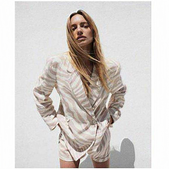 NWT Anine Bing Kaia‎ Blazer Oversized Linen Blend Zebra Stripe Double Breas Sz M - Picture 1 of 11